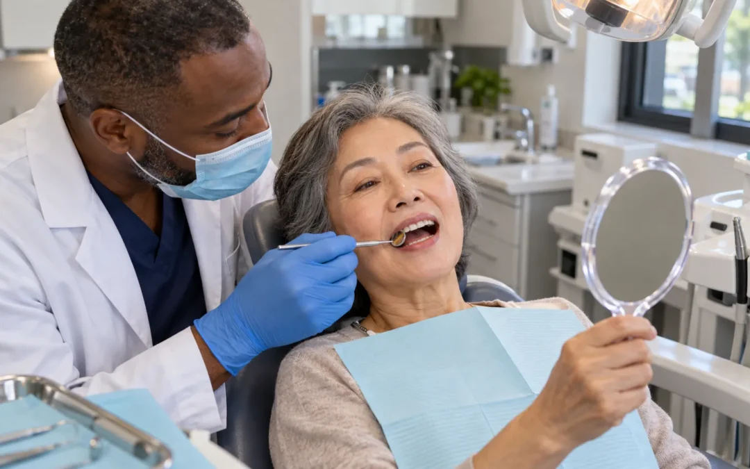 Dentist examines an older woman's back teeth while she holds a handheld mirror in a dental chair.